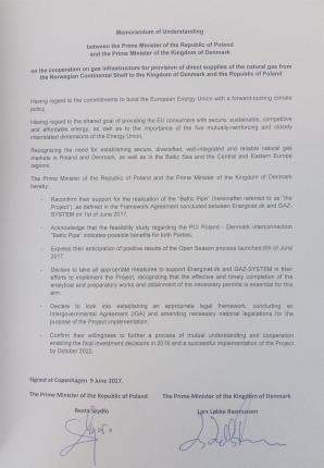 Premierzy Polski i Danii podpisali memorandum w sprawie gazociągu Baltic Pipe