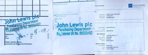 [VIDEO] Fałszywe pieczątki brytyjskiej sieci domów towarowych John Lewis. Oszustwa na prawdziwego, wysokiego urzędnika tej firmy o nazwisku Patric Lewis. Poszkodowani w Polsce i Portugalii, towar w Afryce a brytyjski koncern milczy!